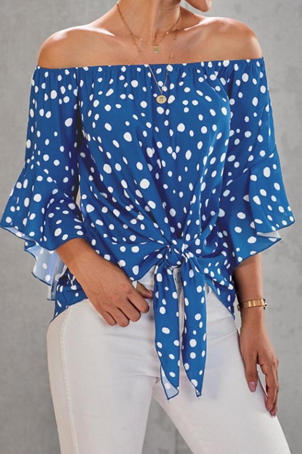 Printed Off-the-shoulder Cropped Sleeves Knotted Top