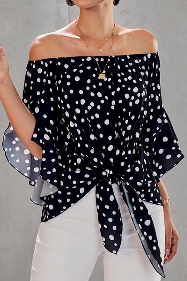 Printed Off-the-shoulder Cropped Sleeves Knotted Top