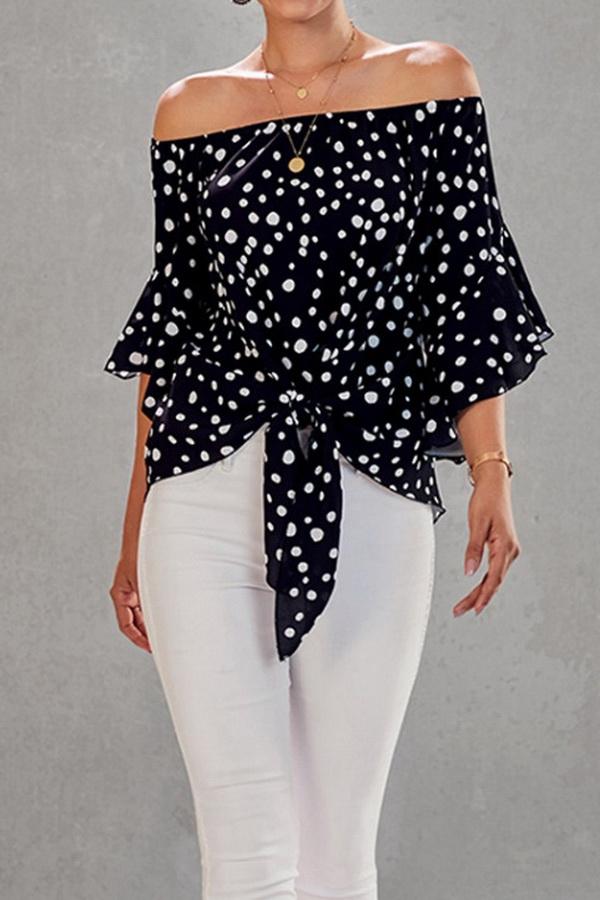 Printed Off-the-shoulder Cropped Sleeves Knotted Top