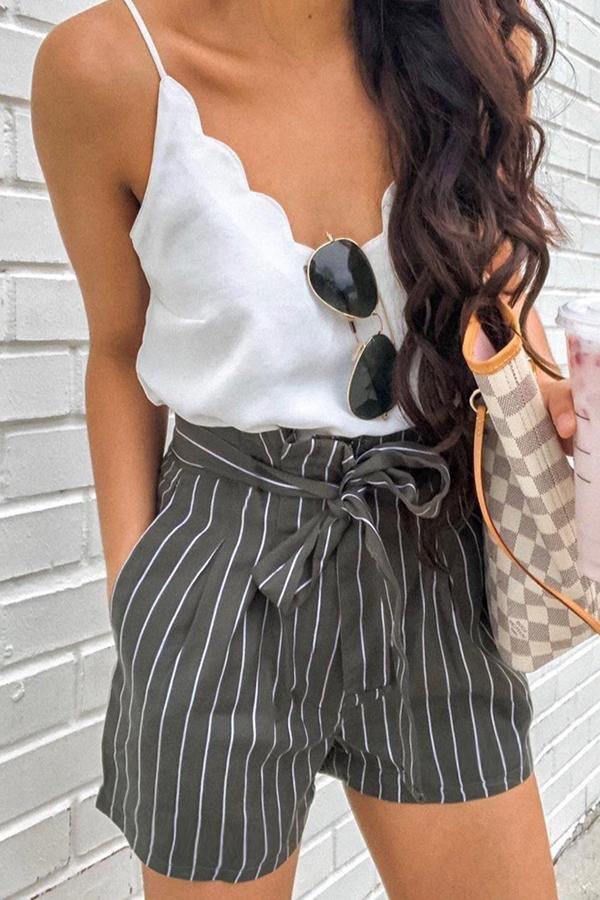 Printed Striped Pocket Shorts With Belt