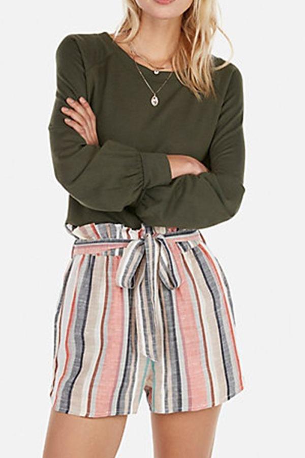 Printed Striped Pocket Shorts With Belt