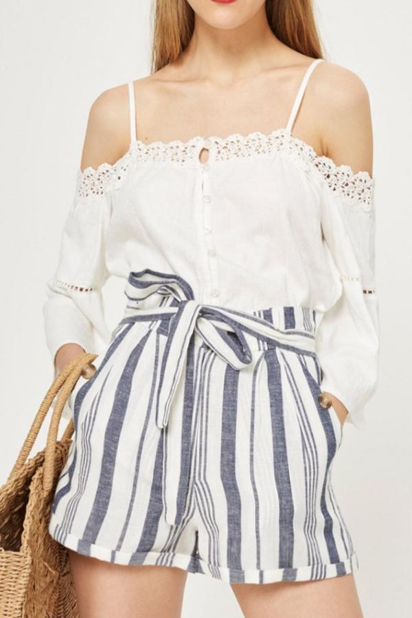 Printed Striped Pocket Shorts With Belt
