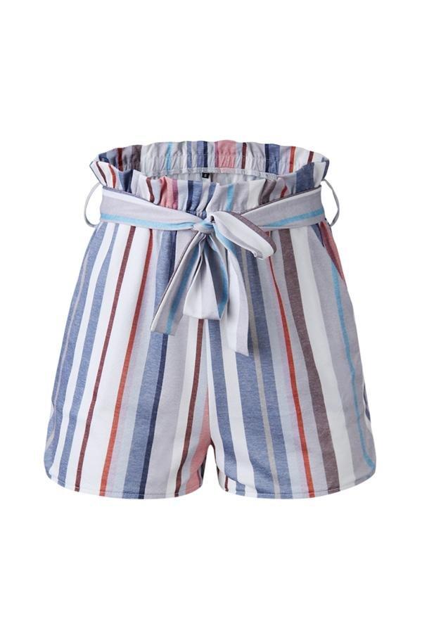Printed Striped Pocket Shorts With Belt
