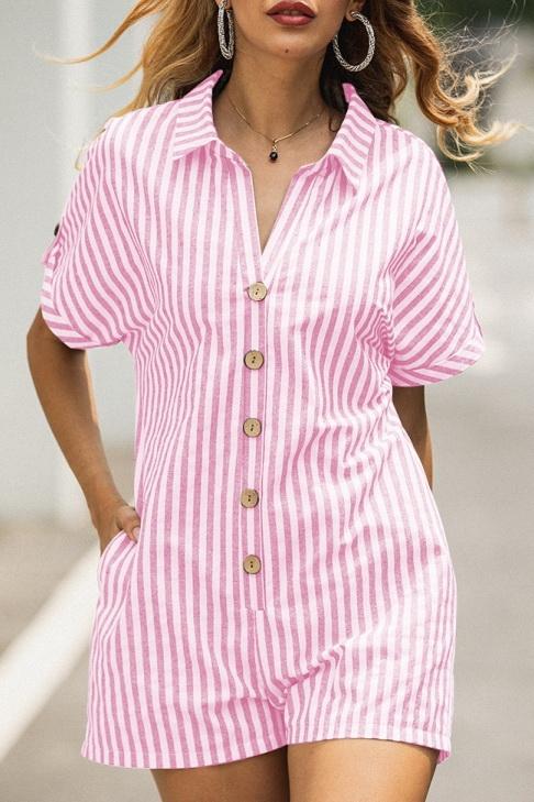 Printed Striped Pocket Single Breasted Jumpsuit