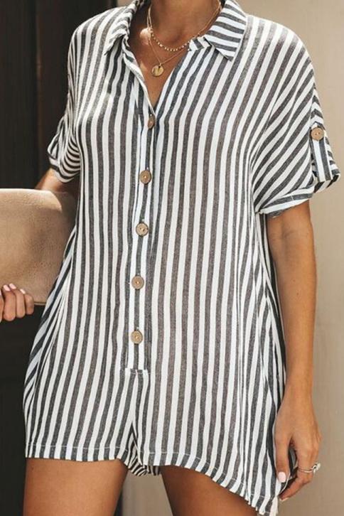 Printed Striped Pocket Single Breasted Jumpsuit