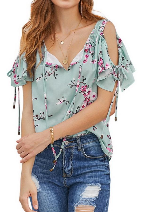 Printed V-neck Strapless Loose Shirt