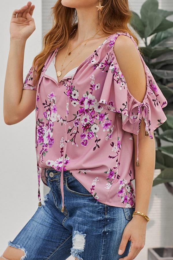 Printed V-neck Strapless Loose Shirt