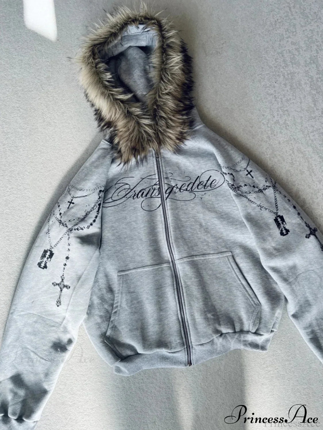 Printed Zipper Detachable Fur Hoodie