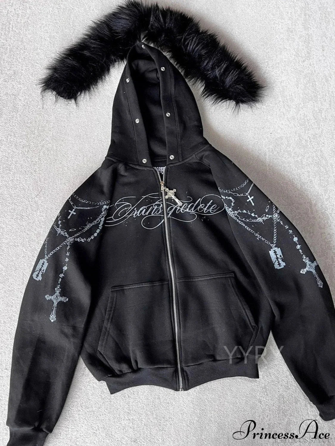 Printed Zipper Detachable Fur Hoodie Black / S