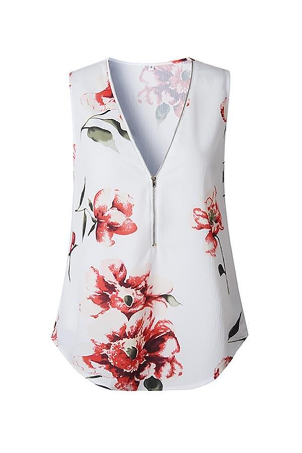 Printed Zipper V-neck Irregular T-shirt