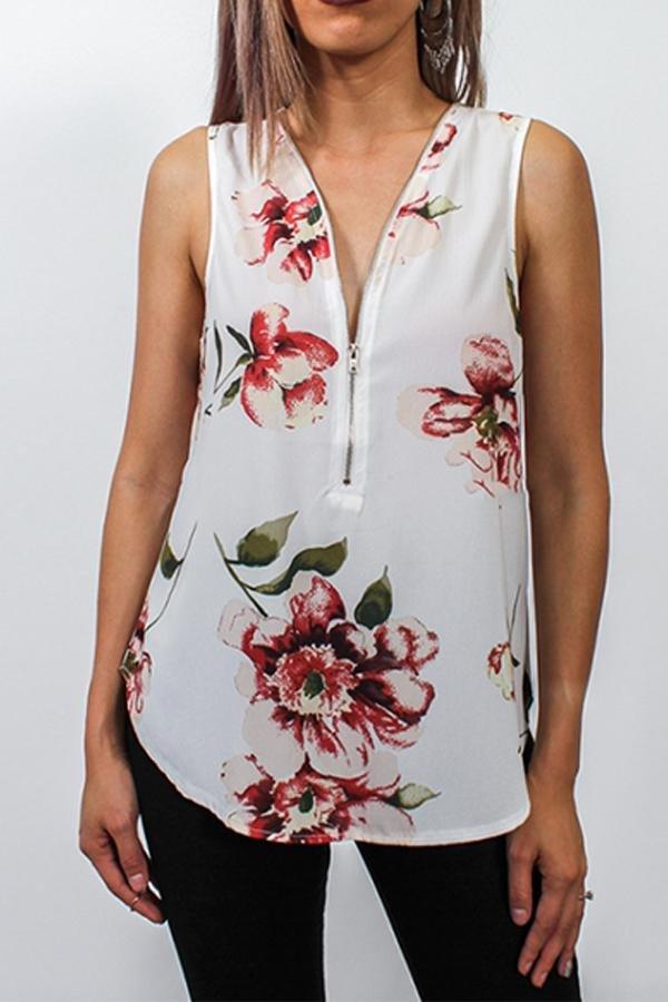 Printed Zipper V-neck Irregular T-shirt