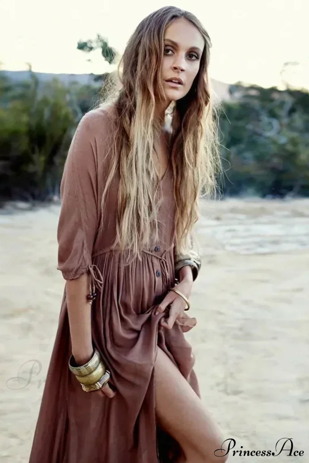 Printing Maxi Deep V Neck Stretch Boho Dress