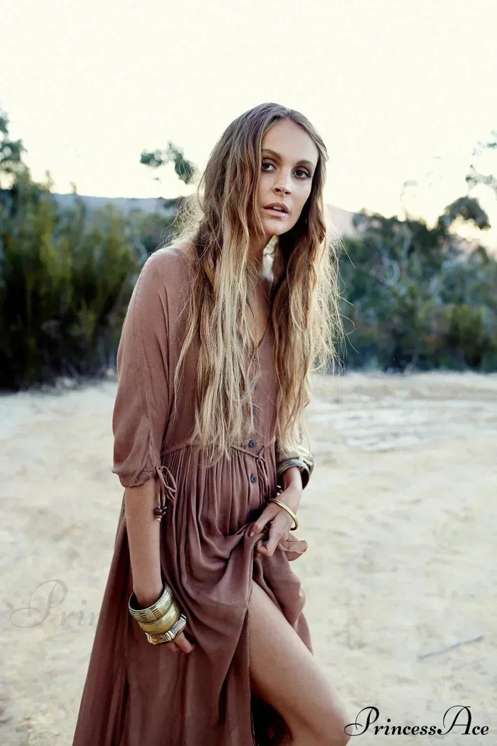 Printing Maxi Deep V Neck Stretch Boho Dress Brown / S bohodress-250126