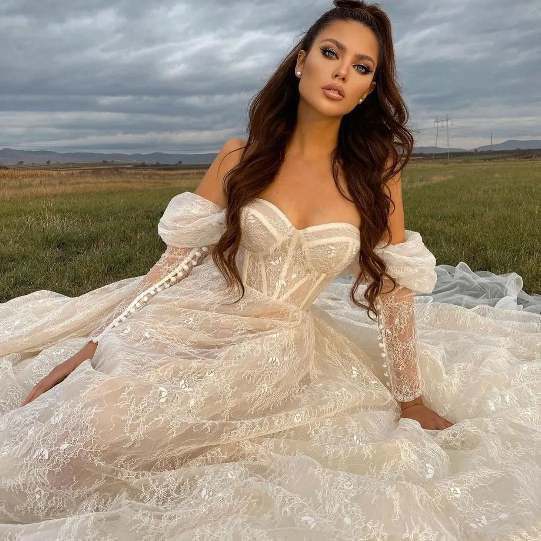 Stunning Lace Long Sleeves Wedding Dresses Off The Shoulder Sweetheart Neck A Line Bridal Gowns