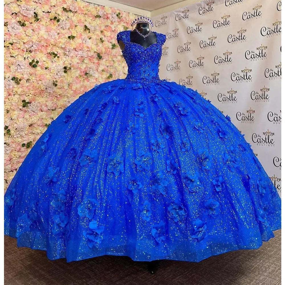 Royal Blue Quinceanera Dresses with 3D Floral Applique Off Shoulder Lace-up Corset Back prom Sweet 16 Dress - Fashionpara