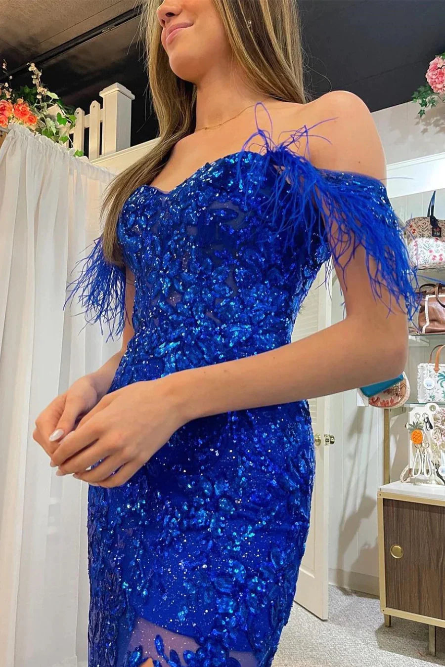 Off The Shoulder Lace Appliques Long Prom Dress with Feathers - Fashionpara