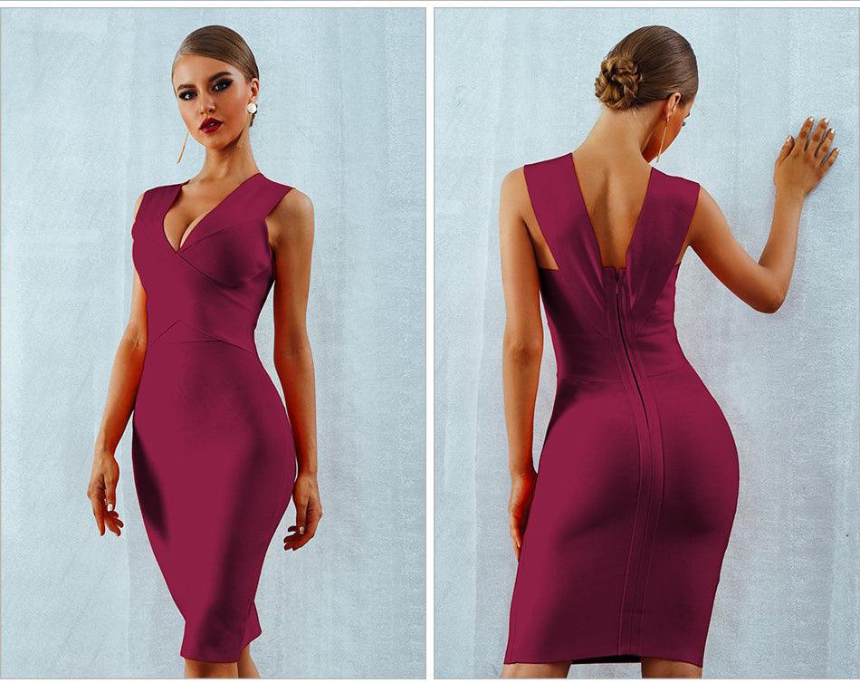 Midstrap V-Neck Bodycon Bandage Dress - Fashionpara