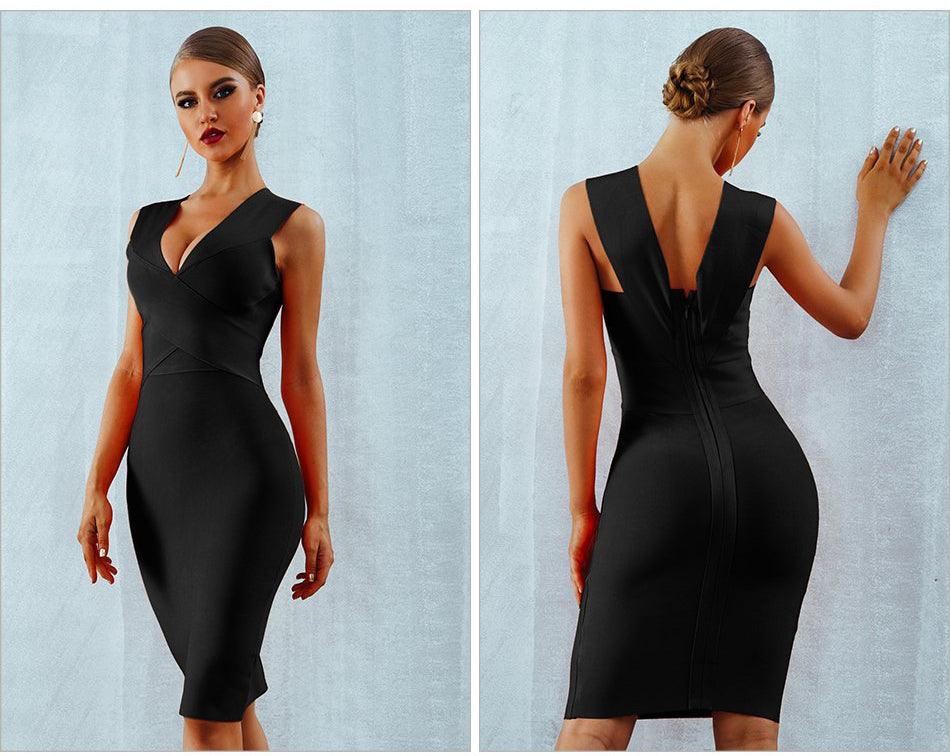 Midstrap V-Neck Bodycon Bandage Dress - Fashionpara