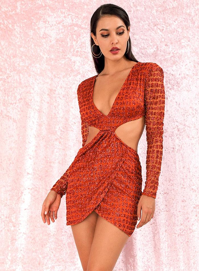 Orange Deep V-neck Open Cross Sequin Mini Dress - Fashionpara