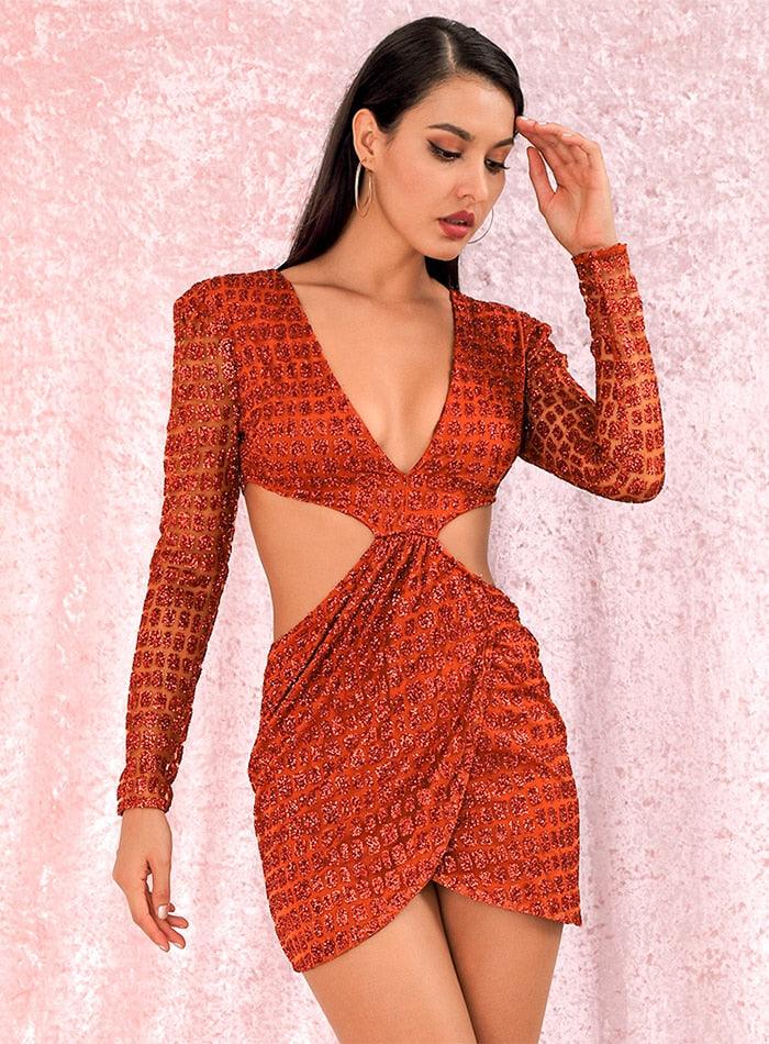 Orange Deep V-neck Open Cross Sequin Mini Dress - Fashionpara