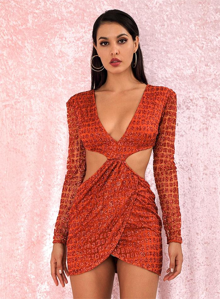 Orange Deep V-neck Open Cross Sequin Mini Dress - Fashionpara