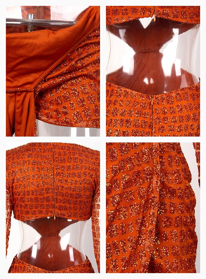 Orange Deep V-neck Open Cross Sequin Mini Dress - Fashionpara