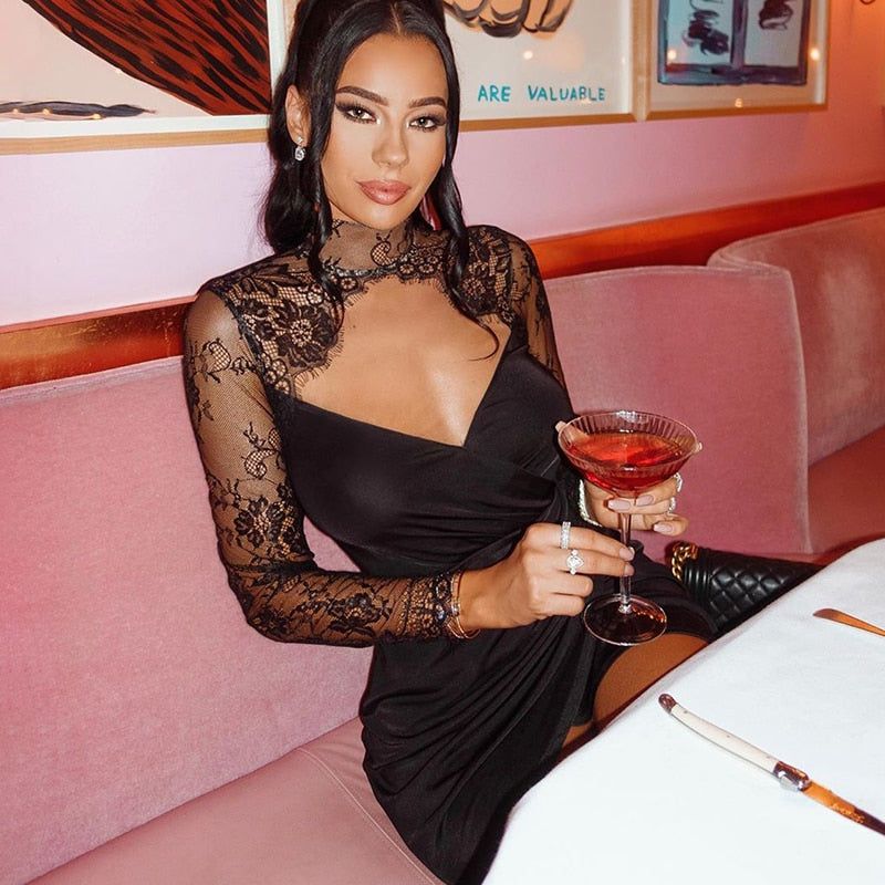 Lace High Neck Long Sleeve Ruched Bodycon Mini Dress 7
