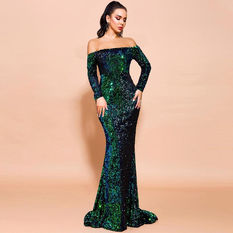 Shoulder Split Mermaid Sequins Dress - Fashionpara