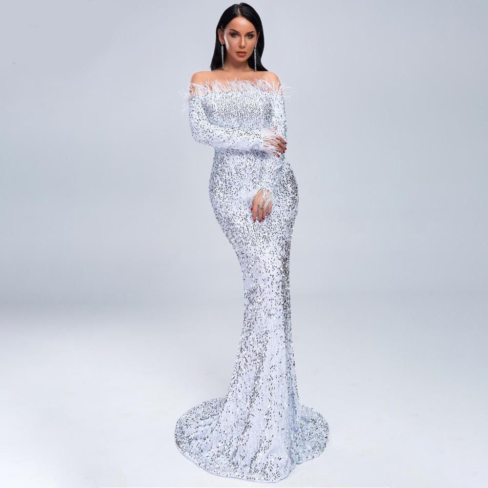 Black & White Feathered Mermaid Sequins Dress - Fashionpara