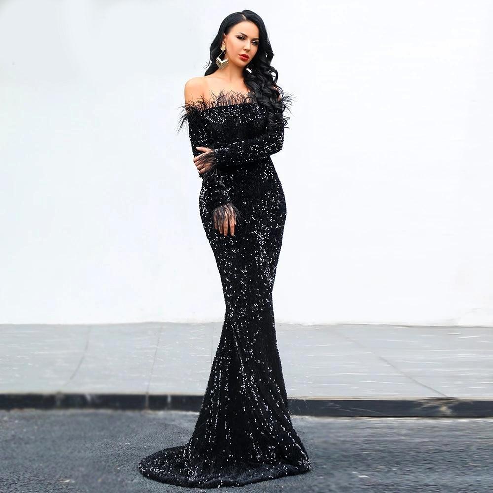 Black & White Feathered Mermaid Sequins Dress - Fashionpara