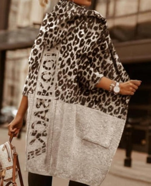 Loose Leopard Print Letter Hooded Cardigan