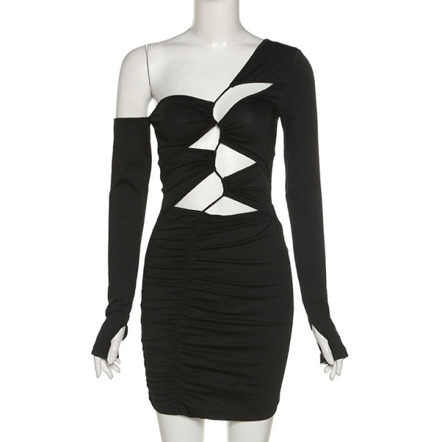 One Shoulder Long Sleeve Ruched Bodycon Mini Dress
