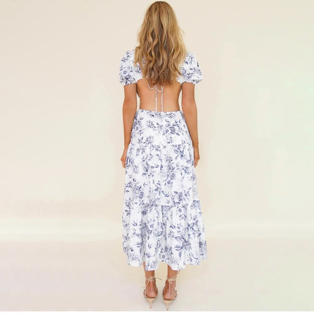 Blue Floral Print Cut Out Midi Backless Dress