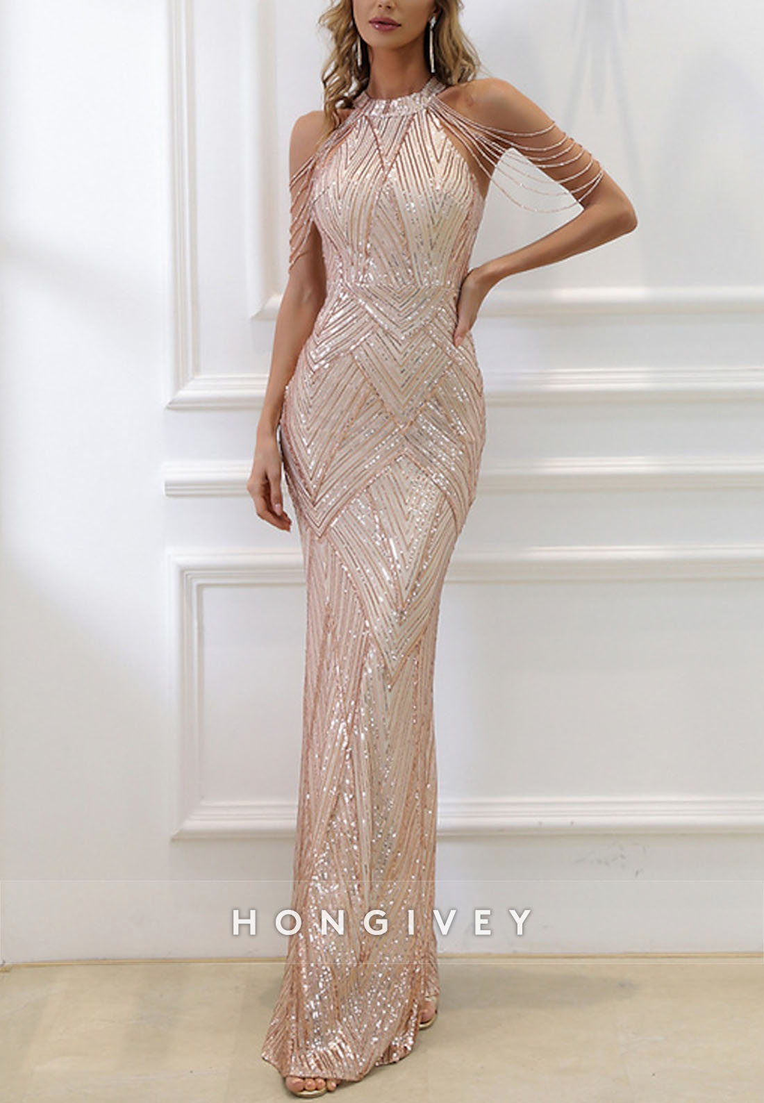 Floor-Length Halter Sleeveless Pleated Mermaid Evening Gown - Fashionpara