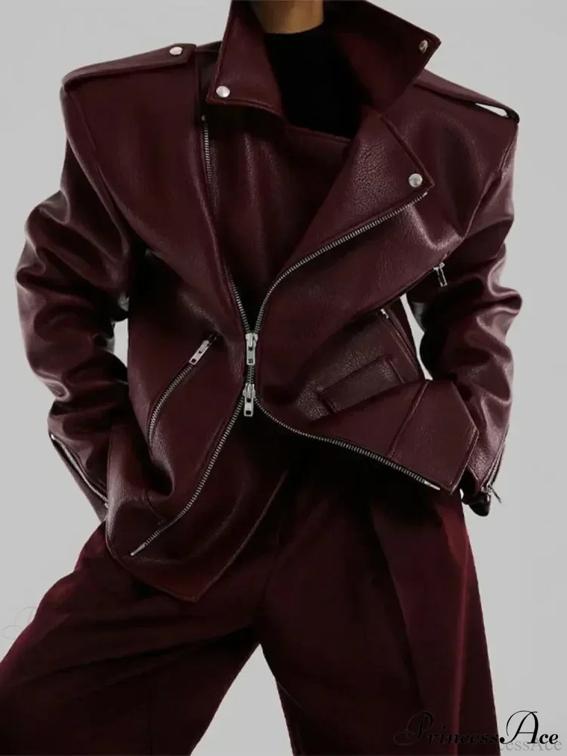 Pu Leather Double Zipper Coat Wine Red 1 / S Coats-241208
