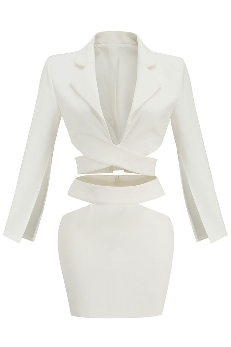 Puff Sleeve Cutout Wrap Front Blazer Mini Two Piece Dress - White  Fashionpara