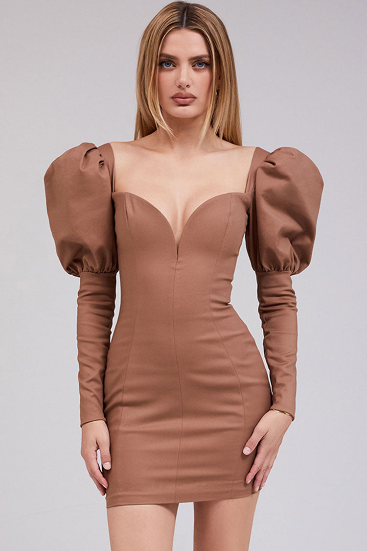 Puff Sleeve Deep V Bodycon Cocktail Party Mini Dress - Coffee - Fashionpara