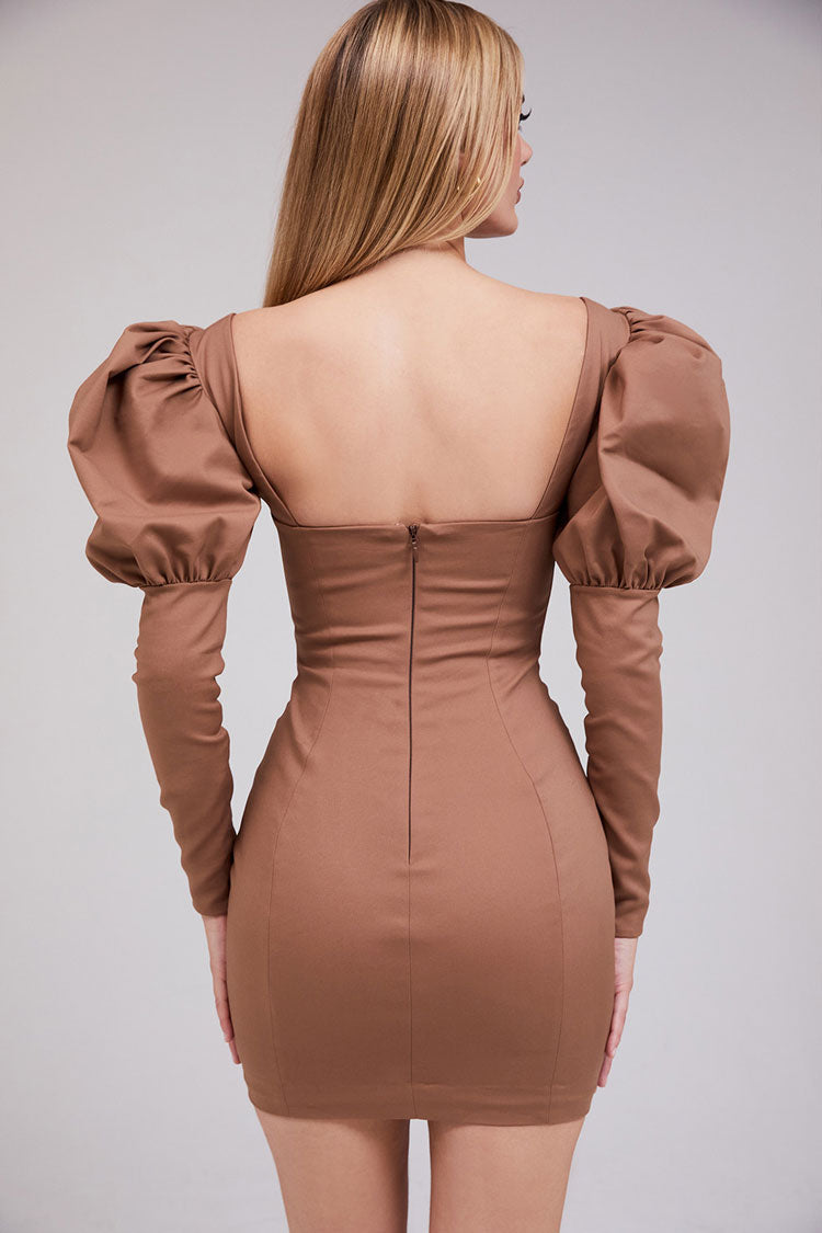 Puff Sleeve Deep V Bodycon Cocktail Party Mini Dress - Coffee - Fashionpara
