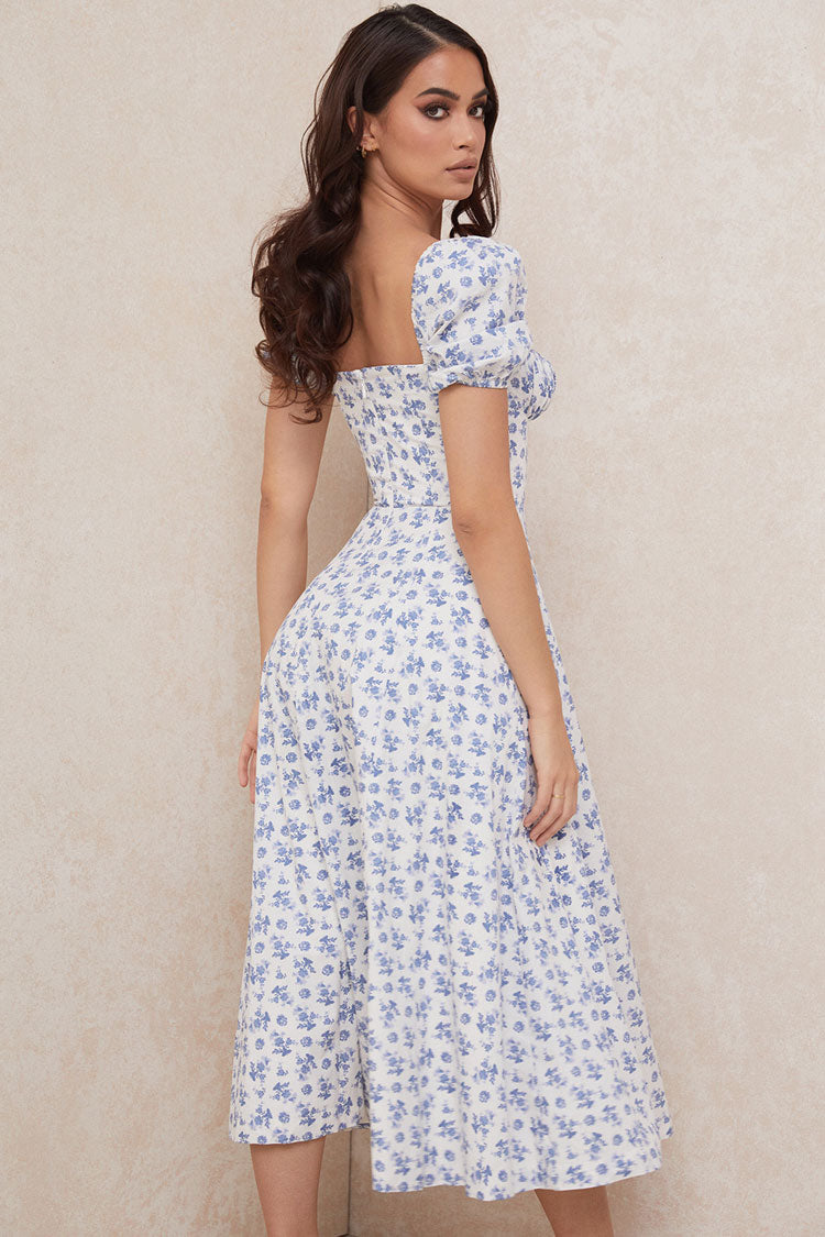Puff Sleeve Ditsy Floral Tie Front High Slit Midi Dress - Blue  Fashionpara