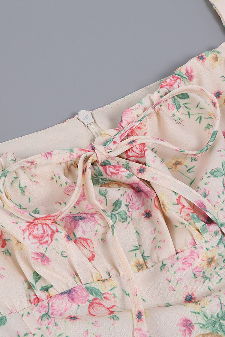 Puff Sleeve Ditsy Floral Tie Front High Slit Midi Dress - Light Yellow  Fashionpara