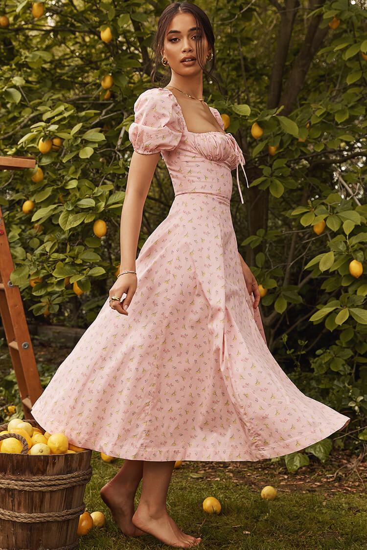 Puff Sleeve Ditsy Floral Tie Front High Slit Midi Dress - Pink  Fashionpara