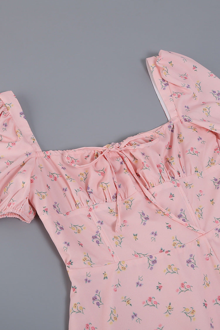 Puff Sleeve Ditsy Floral Tie Front High Slit Midi Dress - Pink  Fashionpara