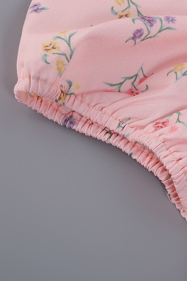 Puff Sleeve Ditsy Floral Tie Front High Slit Midi Dress - Pink  Fashionpara