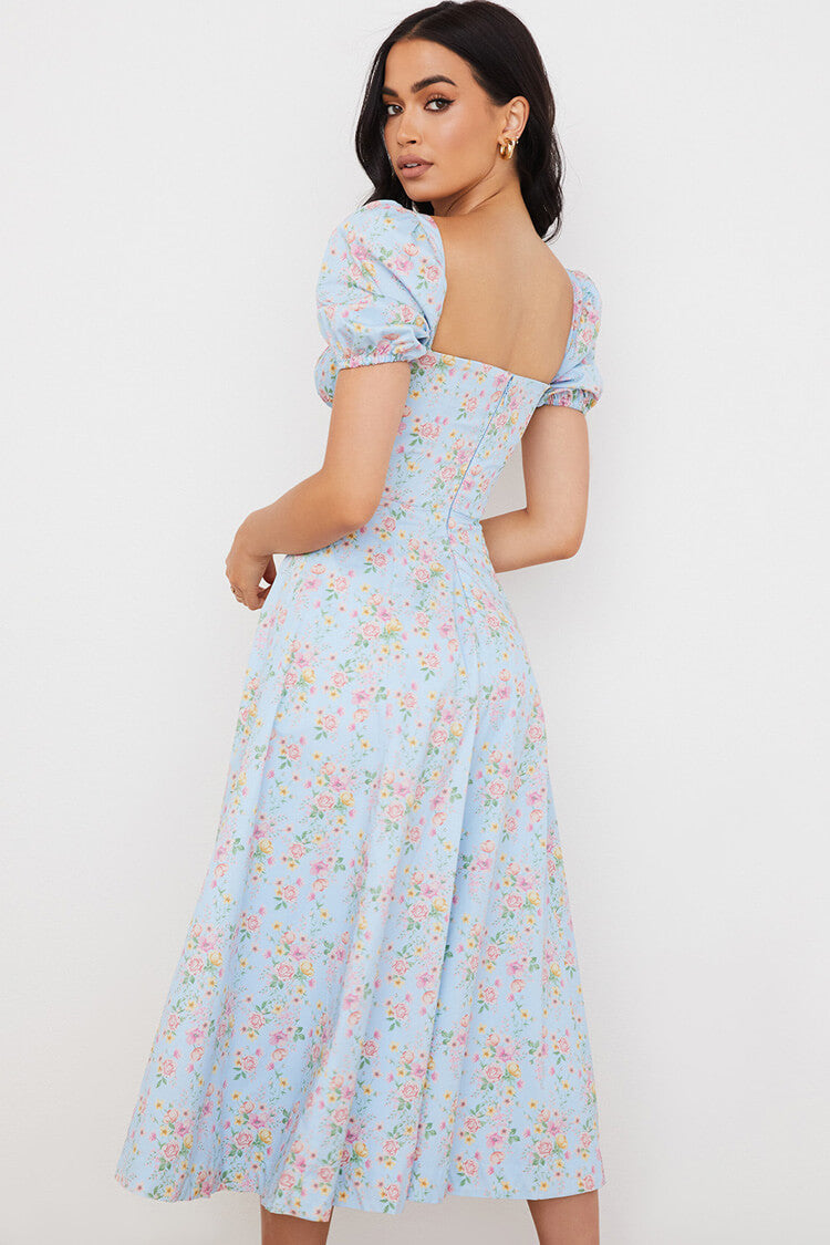 Puff Sleeve Ditsy Floral Tie Front High Slit Midi Dress - Sky Blue  Fashionpara