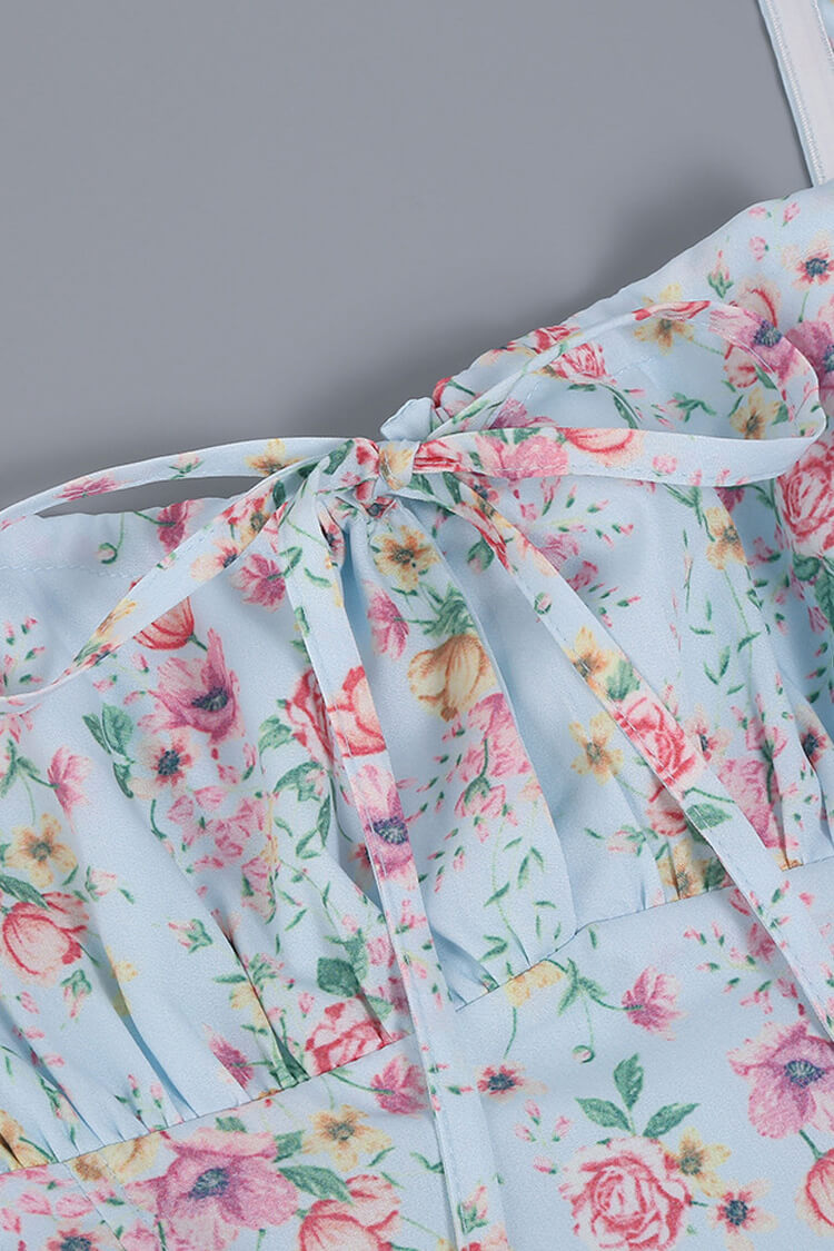 Puff Sleeve Ditsy Floral Tie Front High Slit Midi Dress - Sky Blue  Fashionpara