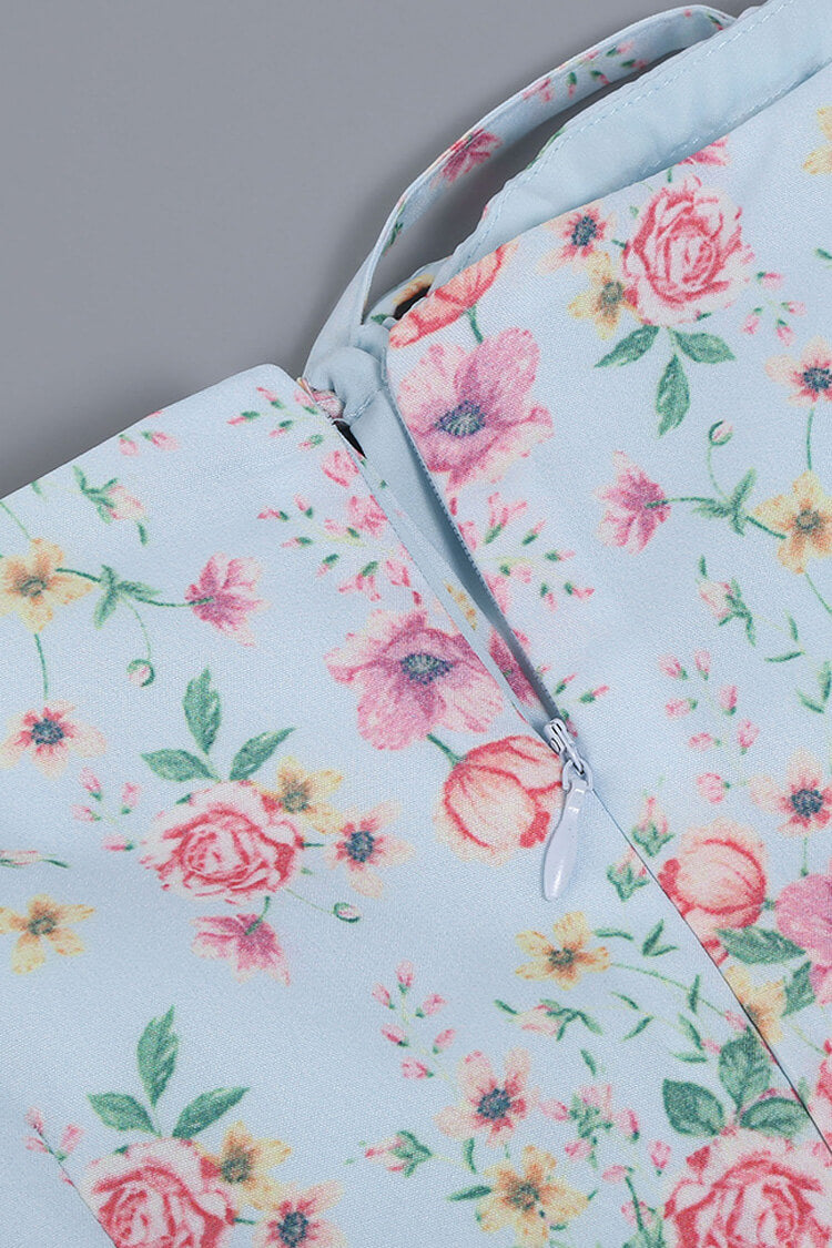 Puff Sleeve Ditsy Floral Tie Front High Slit Midi Dress - Sky Blue  Fashionpara