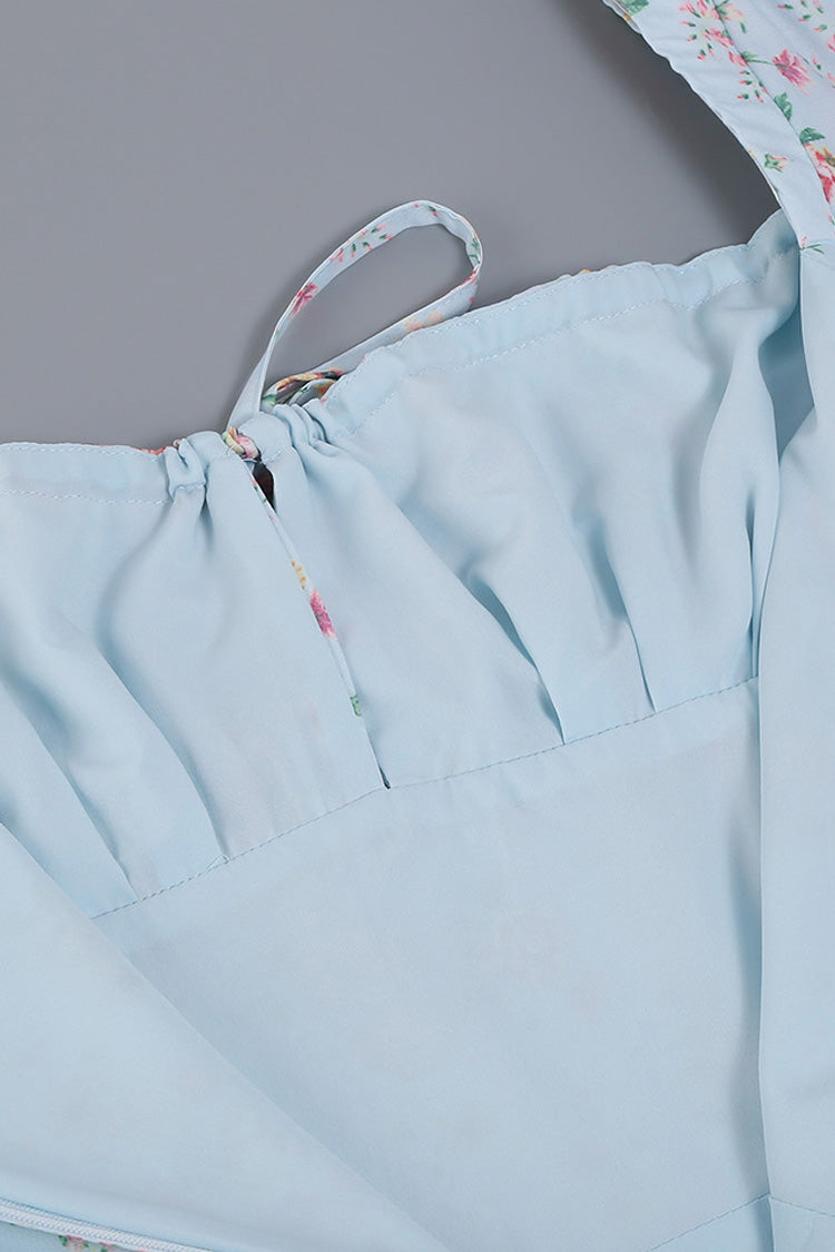 Puff Sleeve Ditsy Floral Tie Front High Slit Midi Dress - Sky Blue  Fashionpara