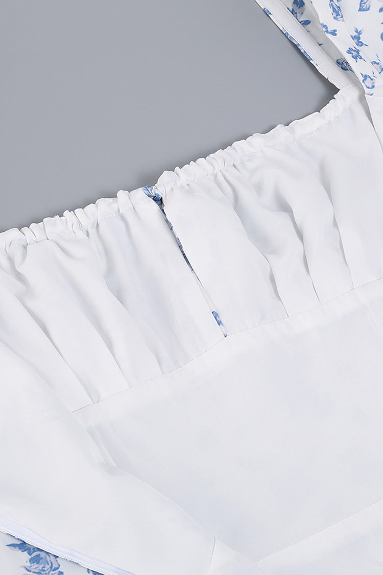 Puff Sleeve Ditsy Floral Tie Front High Slit Midi Dress - Blue  Fashionpara