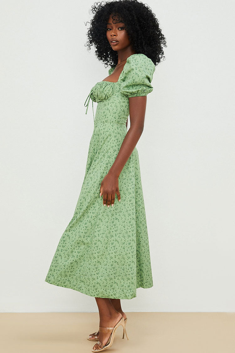 Puff Sleeve Ditsy Floral Tie Front High Slit Midi Dress - Green  Fashionpara