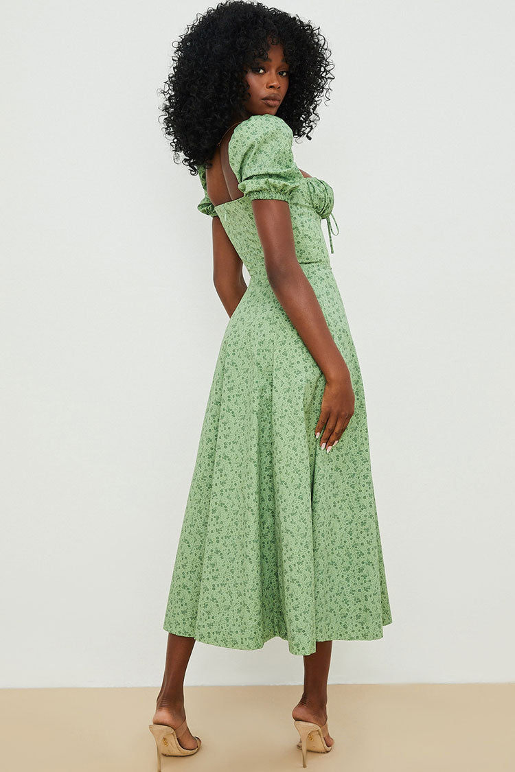 Puff Sleeve Ditsy Floral Tie Front High Slit Midi Dress - Green  Fashionpara